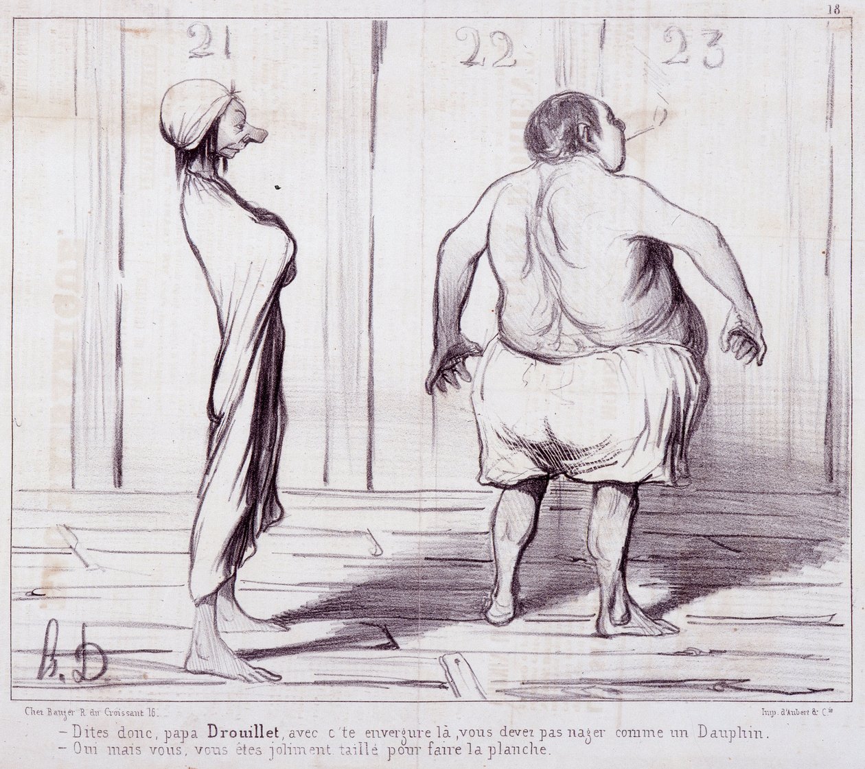 登場に関する漫画セリー「The Bathers」。ドルイエ父さんに伝えて..."Honore DAUMIER（1808-1879）の版画。新聞 "Le Charivari "からの抜粋。ボックス12 マルセイユ、Musee des Beaux-Arts, Palais Longchamps, Collection Arts Graphi 作： オノレ・ドーミエ