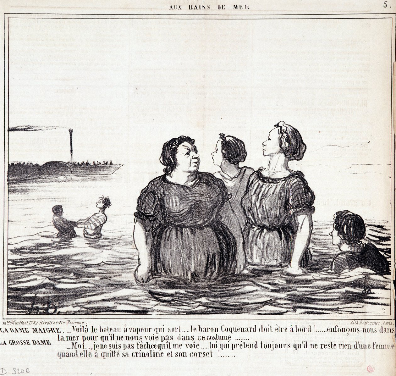 外見やファッションについての漫画。シリーズ「Les Bains de Mer」。"Honore DAUMIER (1808-1879)によるエングレーヴィング。9月16日の新聞「ル・シャリヴァリ」からの抜粋 作： オノレ・ドーミエ