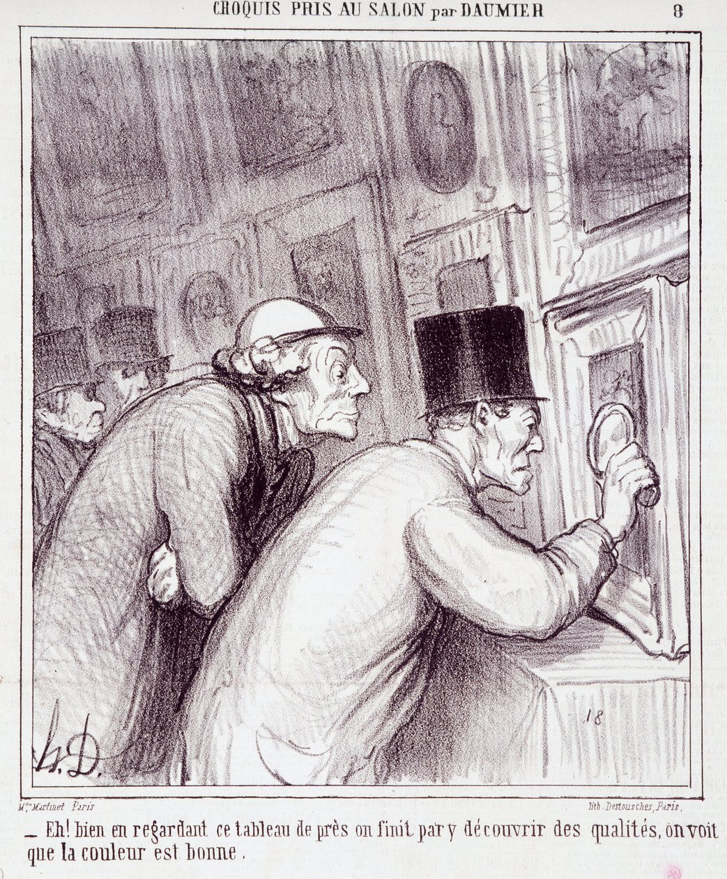 Karikatur über Kunstliebhaber. Serie „Skizze im Salon von Daumier“: „Nun, beim Betrachten dieses Gemäldes entdecken wir schließlich Qualität, wir sehen, dass die Farbe gut ist“. Gravur von Honore Daumier. Auszug aus der Zeitung „Le Charivari“ von Honoré Daumier