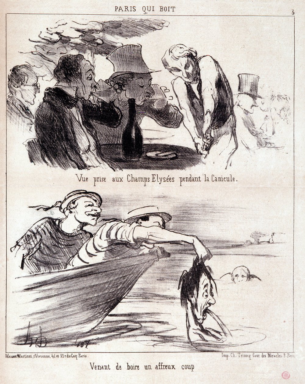 美食家の虐待についての漫画。Paris qui boire "のシリーズ。"猛暑の中、シャンゼリゼ通りで撮った写真。ひどい一杯を飲んだばかりだ。"Honore DAUMIER（1808-1879）の版画。6月5日の新聞「ル・シャリヴァリ」からの抜粋 作： オノレ・ドーミエ