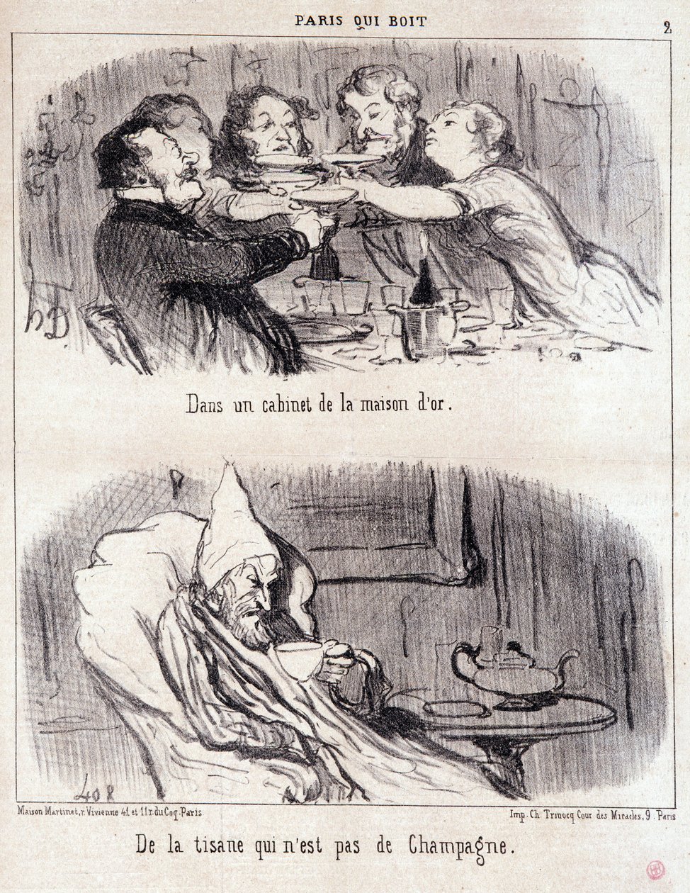 美食家の虐待に関する漫画セリー「Paris qui drinks」。"ドール家のキャビネットではシャンパンではないハーブティー。"Honore DAUMIER（1808-1879）の版画。6月4日の新聞「ル・シャリヴァリ」からの抜粋 作： オノレ・ドーミエ