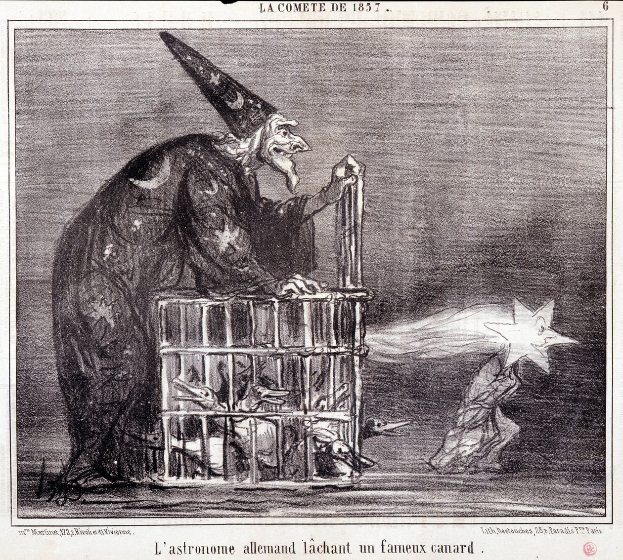 科学に関する漫画セリエスール「1857年のコメット」。"ドイツの天文学者が有名なアヒルを残す"。Honore DAUMIER（1808-1879）の版画。新聞「ル・シャリヴァリ」3月2日号より抜粋 作： オノレ・ドーミエ