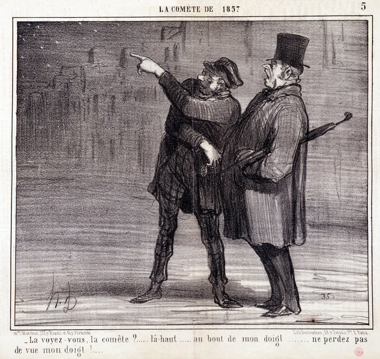 科学に関する漫画1857年のコメテ」のシリーズ。"Do you see the committee?"...。泥棒が被害者の注意をそらす。Honore DAUMIER（1808-1879）の版画。新聞「ル・シャリヴァリ」3月19日号より抜粋 作： オノレ・ドーミエ