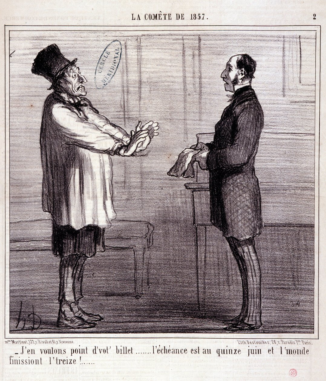 科学に関する漫画1857年のコメテ」のシリーズ。チケットはいらない..."Honore DAUMIER（1808-1879）の版画。新聞「ル・シャリヴァリ」3月4日号より抜粋 作： オノレ・ドーミエ