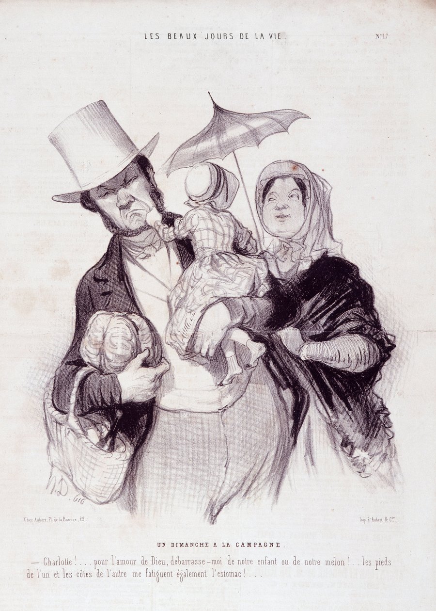 家族についての漫画。シリーズ "The Beautiful Days of Life"。田舎の日曜日..."オノレ・ドーミエ（1808-1879）による版画。7月21日の新聞「ル・シャリヴァリ」からの抜粋 作： オノレ・ドーミエ
