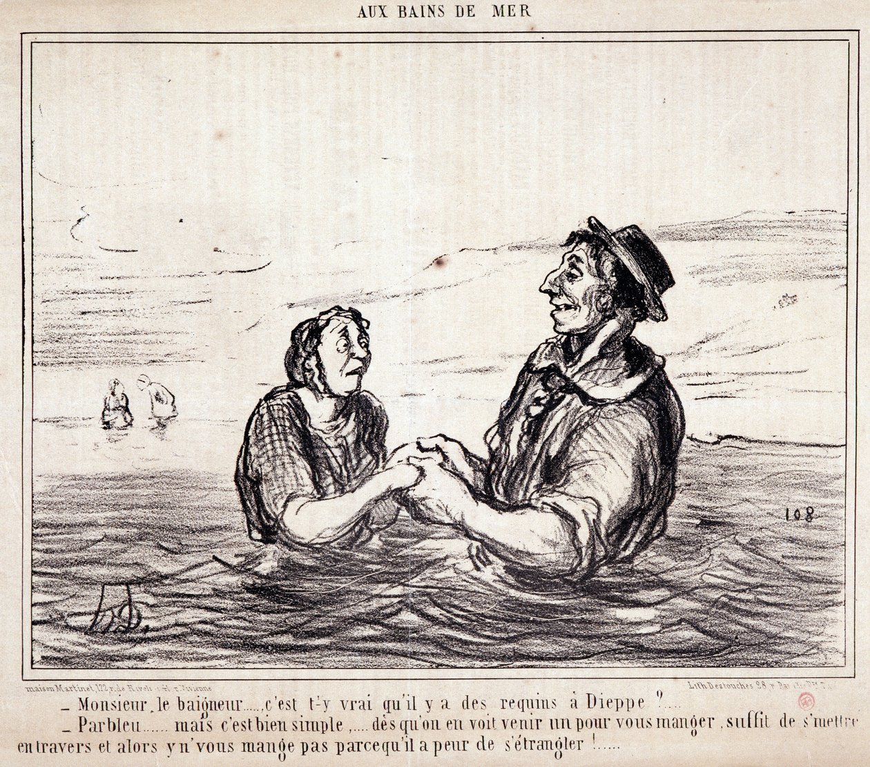 休暇中の観光客に関する漫画。セリー「aux Bains de Mer」。"Monsieur le bathneur...ディエップにサメがいるというのは本当ですか？"Honore DAUMIER（1808-1879）の版画。6月8日の新聞「Le Charivari」からの抜粋 作： オノレ・ドーミエ