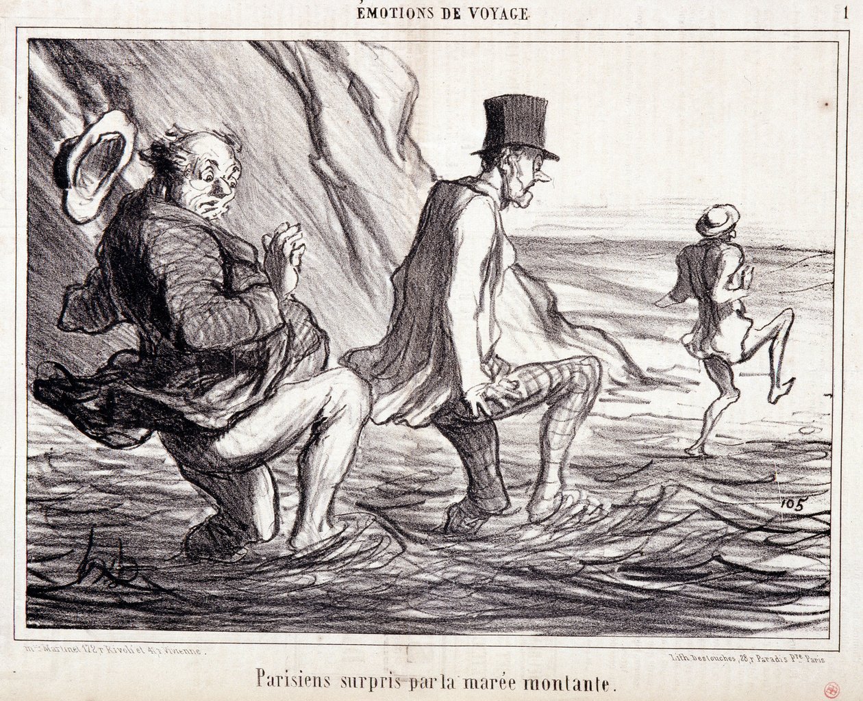 休暇中の観光客を描いた漫画。シリーズ「Ax Bains de Mer」。"旅の感動。上昇する海面に捕らわれたパリジャン」。オノレ・ドーミエ（1808-1879）による版画。10月8日の新聞「ル・シャリヴァリ」からの抜粋 作： オノレ・ドーミエ
