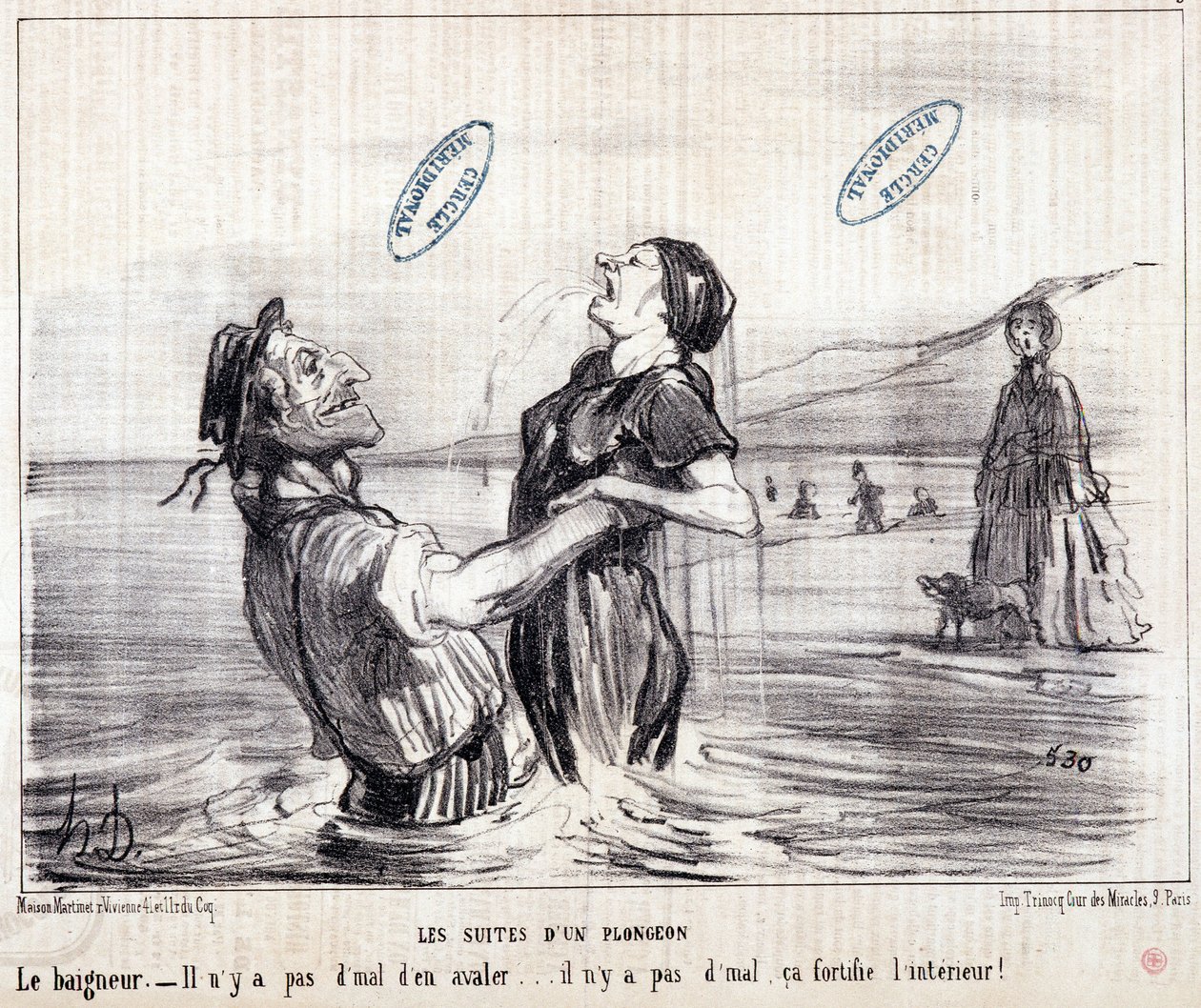 休暇中の観光客を描いた漫画。シリーズ「Les Bains de Mer」。"水辺のスケッチ。ダイビングの一連の流れ」。オノレ・ドーミエ（1808-1879）によるエングレーヴィング。1853年に発行された新聞「ル・シャリヴァリ」からの抜粋。薄さ：24x28cmInv 2453 - box 12 N¡1.マルセイユ、M 作： オノレ・ドーミエ