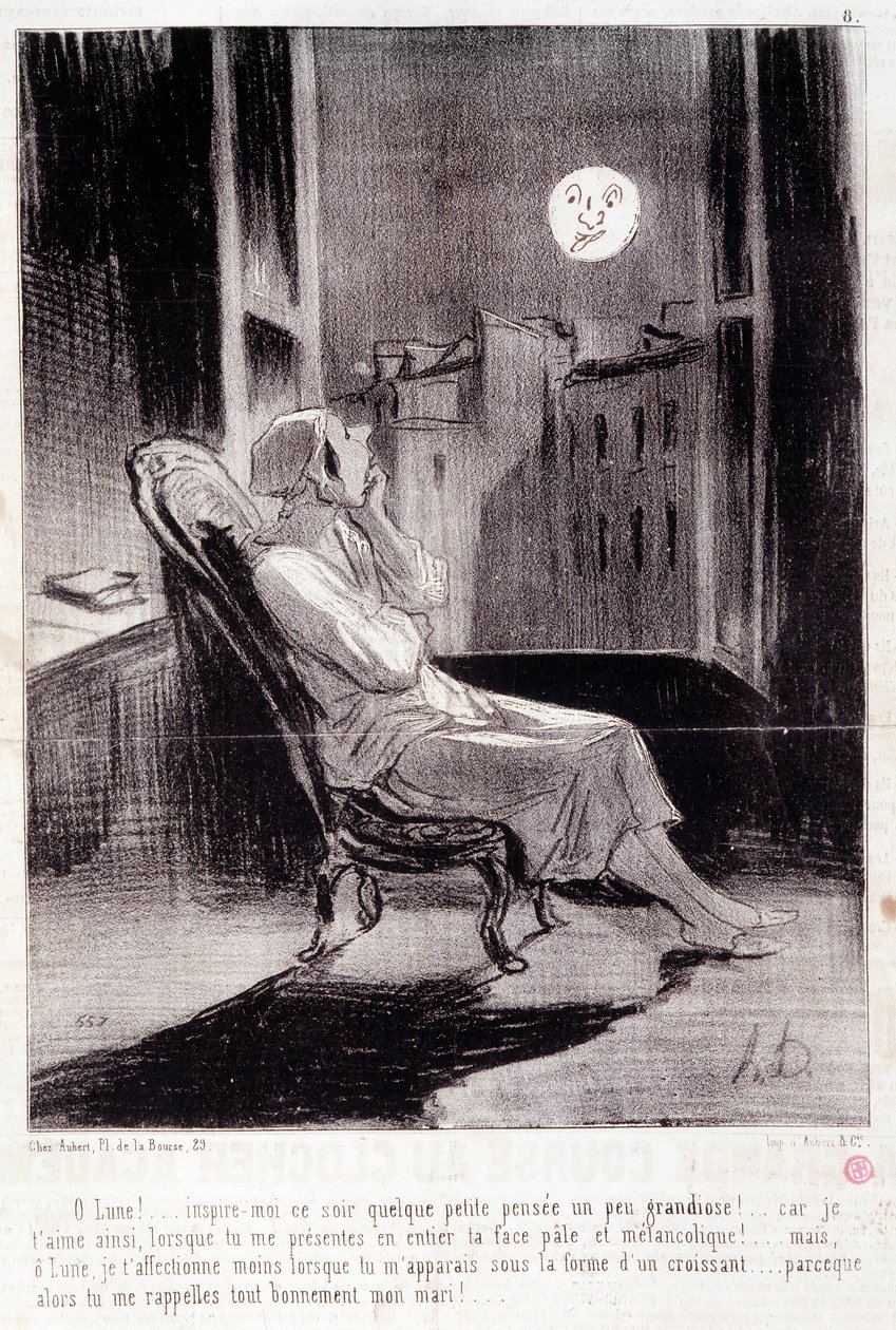 女性作家についての漫画。シリーズ「Bas Bleus」。"O！月は今夜、私を鼓舞する..."Honore DAUMIER（1808-1879）の版画。新聞「ル・シャリヴァリ」2月28日号より抜粋 作： オノレ・ドーミエ