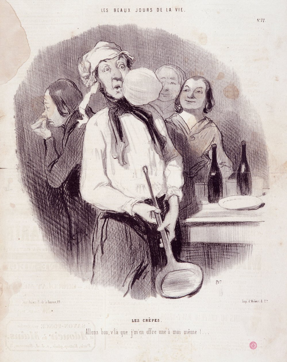 不器用な男の漫画。セリー「Les Beaux Days de la Vie」。"Les crepes...「オノレ・ドーミエ（1808-1879）の版画。新聞「ル・シャリヴァリ」11月14日号より抜粋 作： オノレ・ドーミエ