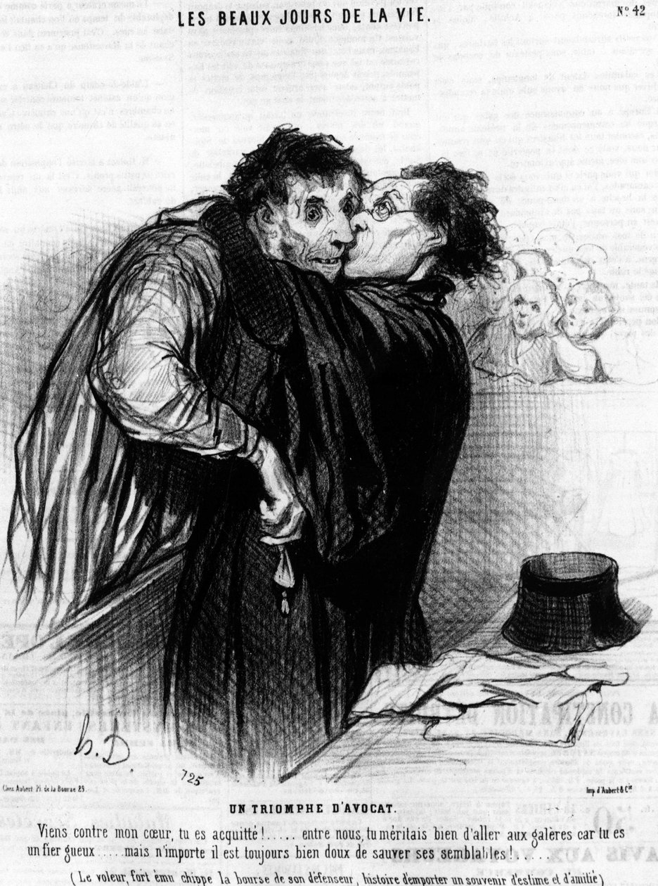 私の心に逆らってください、あなたは無罪になります！私たちの間では、あなたは誇り高い豚なので、ガレー船に行くのが当然でした...しかし、仲間を助けるのはいつも甘いものです！...と。オノレ・ドーの正義に関する漫画シリーズ「Beaux jours de la vie」より引用 作： オノレ・ドーミエ