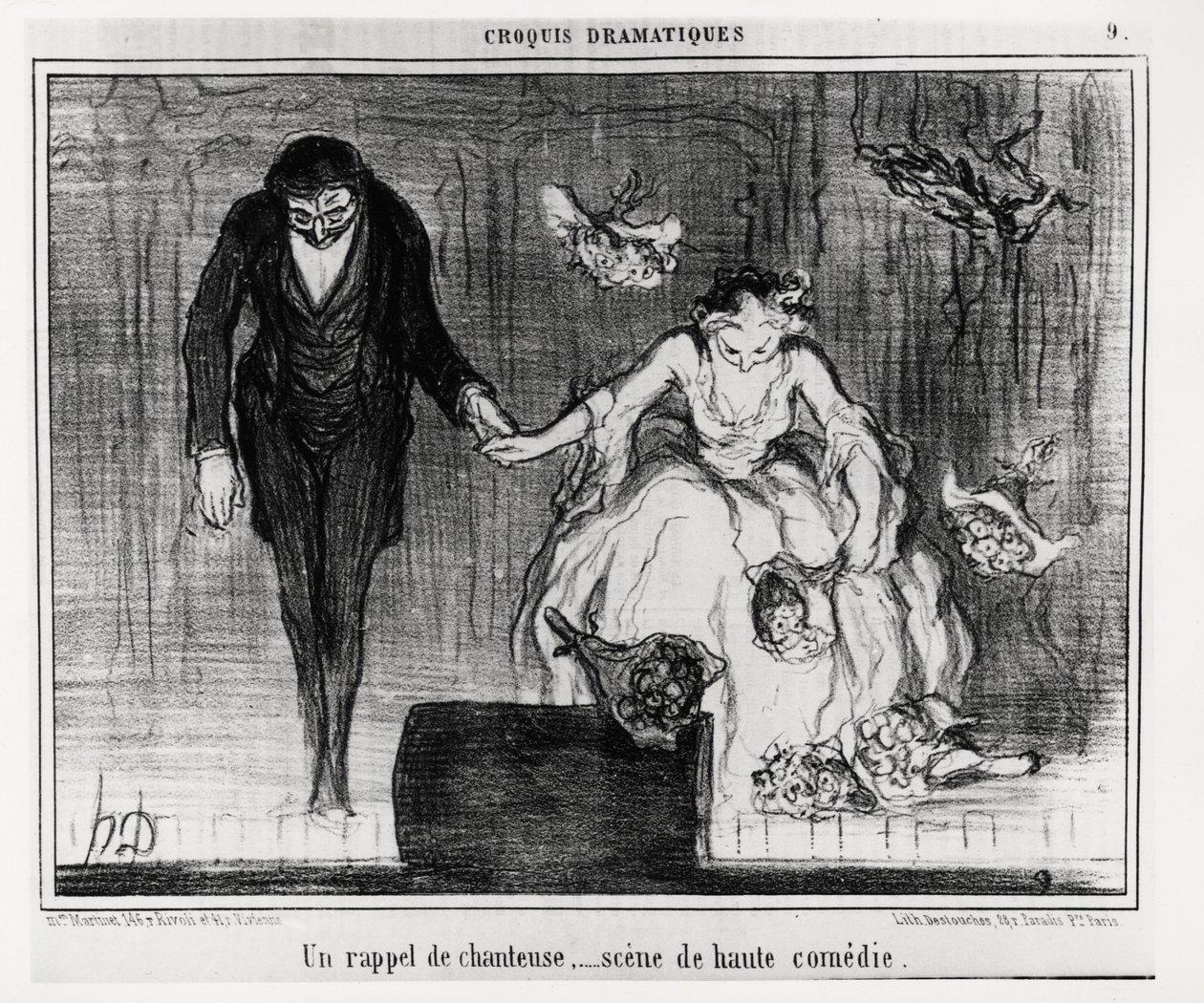 ドラマチックなスケッチ：歌手の念祷、ハイ・コメディの場面。オノレ・ドーミエ（1808-1879）による挿絵、『シャリヴァリ』1月9日号掲載 作： オノレ・ドーミエ