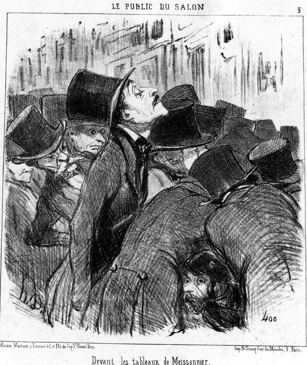 ミーソニエの絵の前で。オノレ・ドーミエ（1808-1879）の漫画「絵画とサロン」シリーズからの引用。"シャリヴァリ" 作： オノレ・ドーミエ
