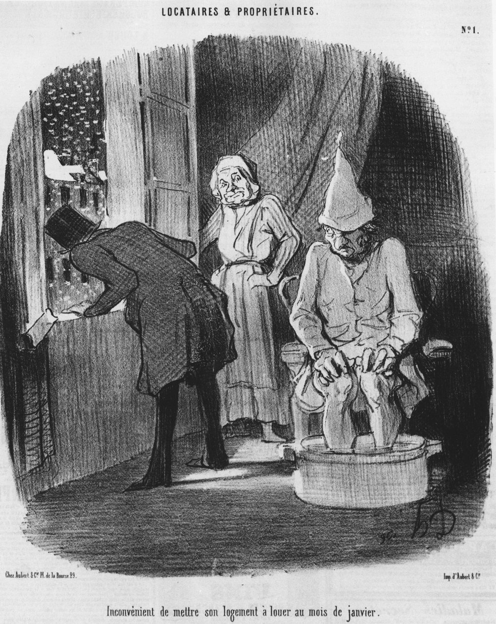 オノレ・ドーミエ（1808-1879）の漫画「所有者と賃借人」シリーズから、1月に住居を貸すのは不便。"Charivari" 作： オノレ・ドーミエ