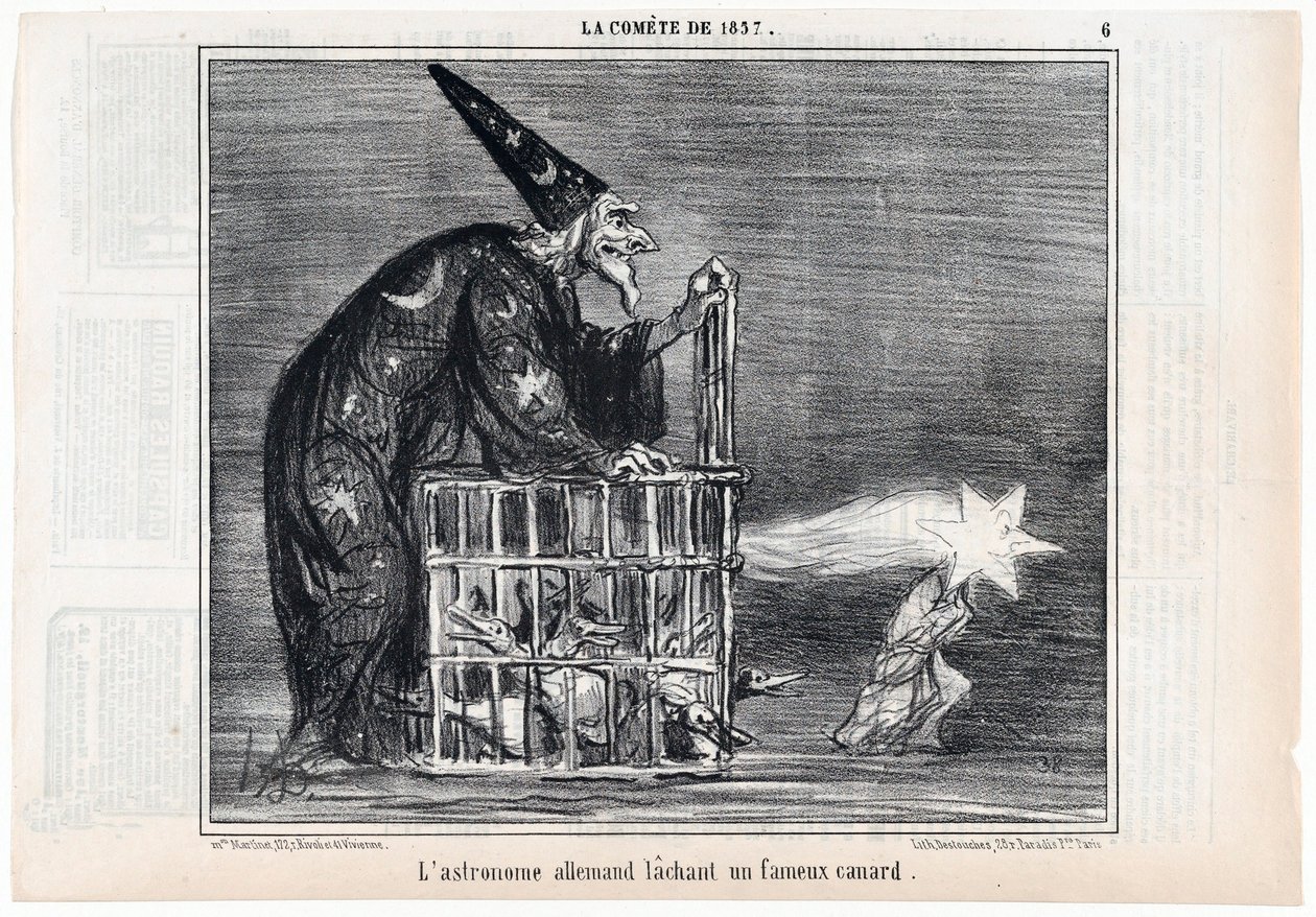1857 年の彗星、有名なアヒルを放つドイツの天文学者、パブ Le Charivari から。 1858年。 作： オノレ・ドーミエ