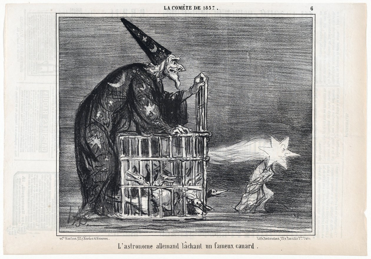 1857年の彗星、「ドイツの天文学者が有名なアヒルを放った」、Le Charivari, pubより。1858年（彫刻 作： オノレ・ドーミエ