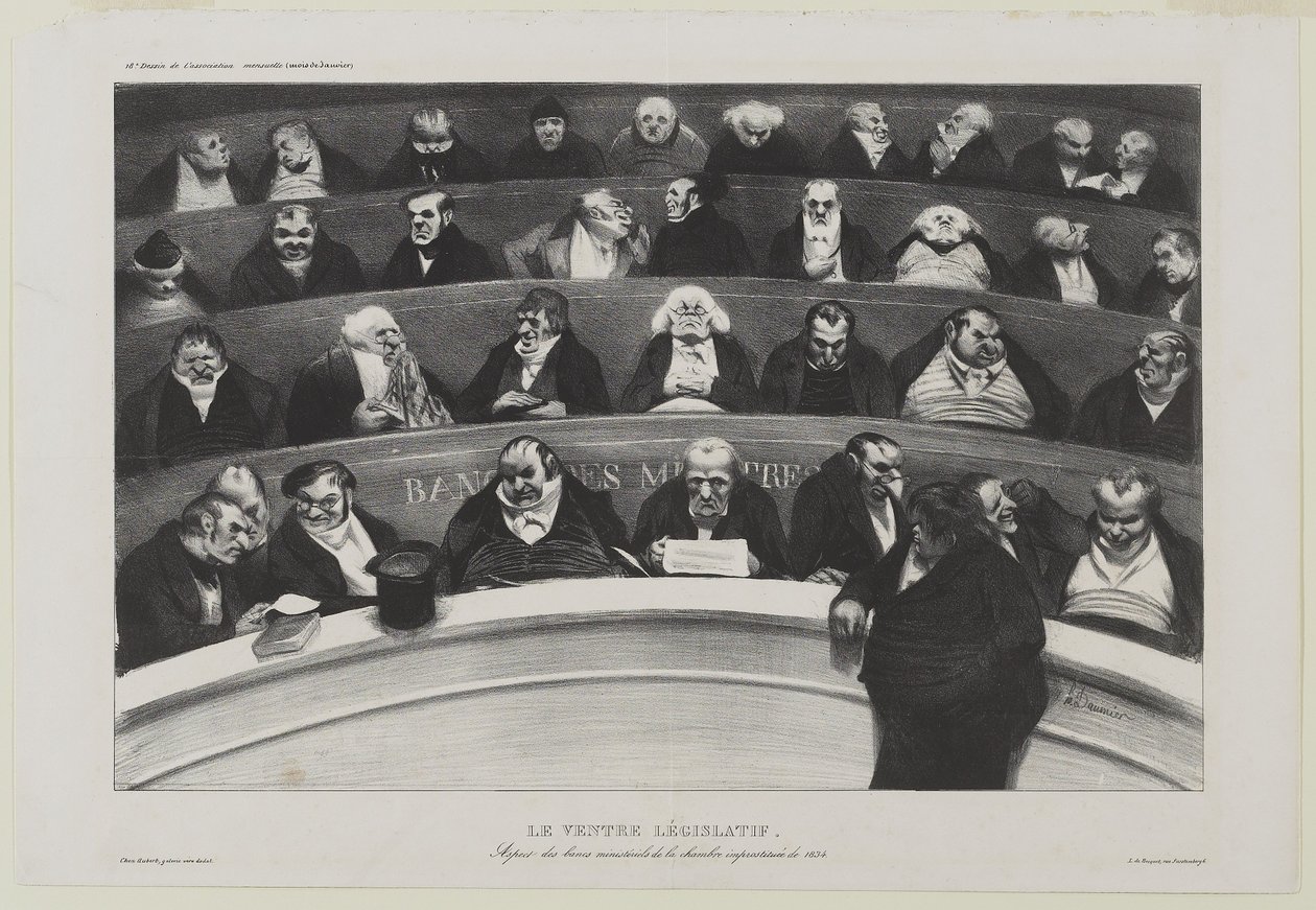 Le Ventre Législatif:Aspect des bancs ministériels de la chambre improstituée de 1834、つまり「立法の腹の中」。1834年の売春婦会議所の大臣席の眺め 作： オノレ・ドーミエ