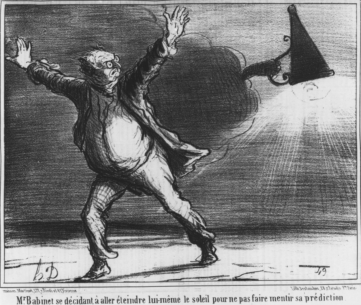 ムッシュ・バビエントは、1857年のオノレ・ドーミエの彗星（1808-1879）を題材にした風刺画である、彼の予言が嘘にならないように、自分で太陽を消しに行くことにした。 作： オノレ・ドーミエ