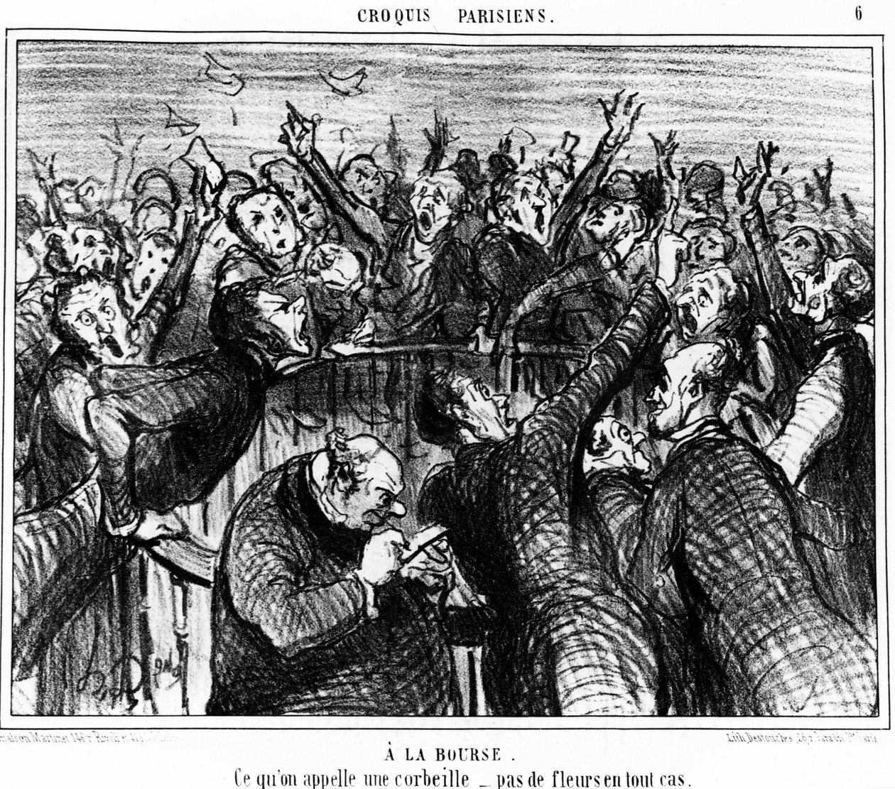 財布の上、バスケットと呼ばれるもの、いずれにしても花はない：オノレ・ドーミエ（1808-1879）の財布に描かれた一連の風刺画。"Charivari" 作： オノレ・ドーミエ