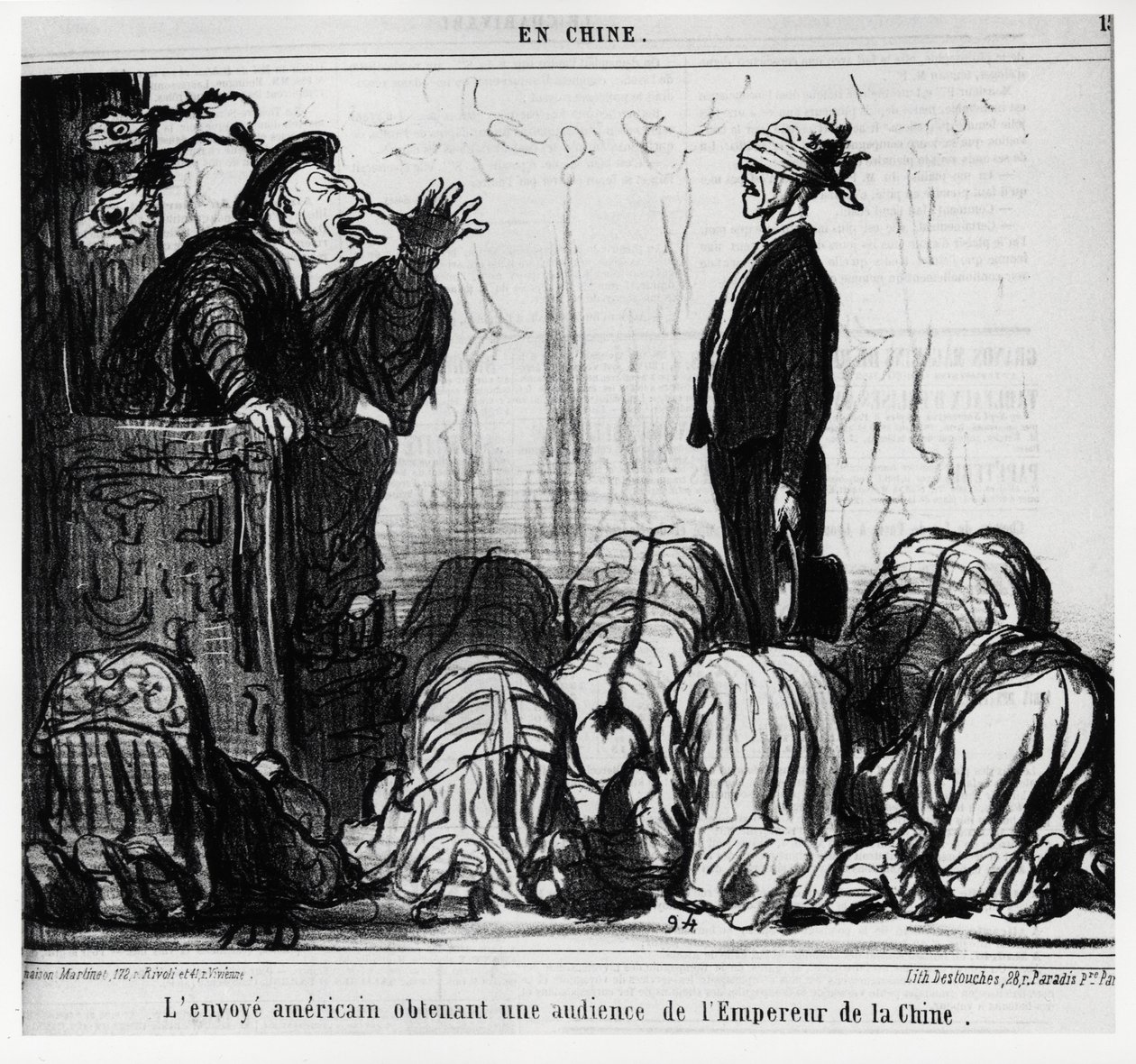 中国の皇帝に謁見するアメリカの使節。オノレ・ドーミエ（1808-1879）が描いた「En Chine」というシリーズで、10月21日付の「Charivari」に掲載されています。 作： オノレ・ドーミエ