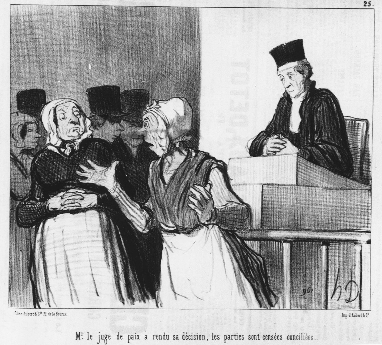 オノレ・ドーミエ（1808-1879）が描いた漫画「正義の味方が判決を下し、当事者は和解するはず...」。"Charivari". 作： オノレ・ドーミエ