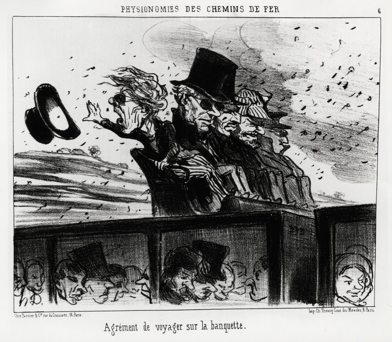 鉄道の人相学：それはベンチで旅をする権利である。オノレ・ドーミエ（1808-1879）のイラスト、「シャリヴァリ」掲載 作： オノレ・ドーミエ