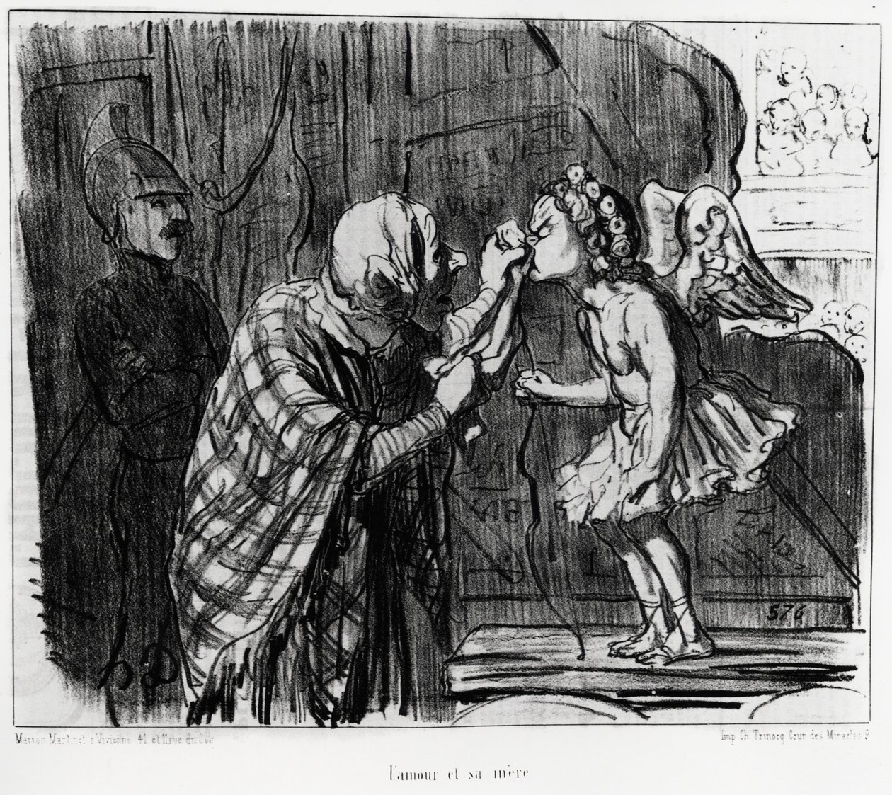演劇スケッチ：愛と母。オノレ・ドーミエ（1808-1879）が描いたイラストで、1853年12月19日付の「シャリヴァリ」のニュースに掲載されています。 作： オノレ・ドーミエ