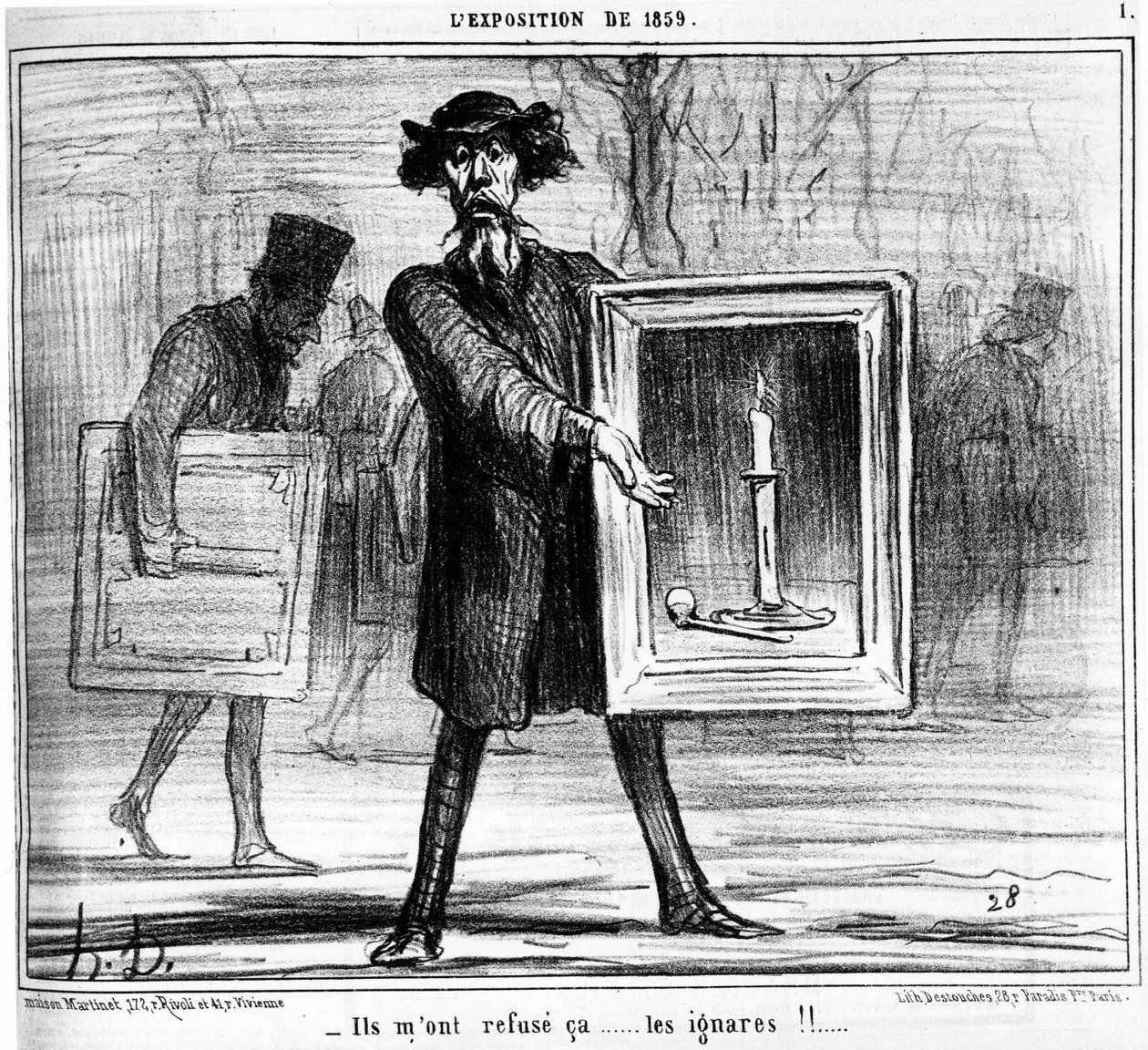 拒否されたんだ...無知な奴らが！...。オノレ・ドーミエ（1808-1879）の漫画シリーズ「絵画とサロン」から引用。"チャリバリ" 作： オノレ・ドーミエ