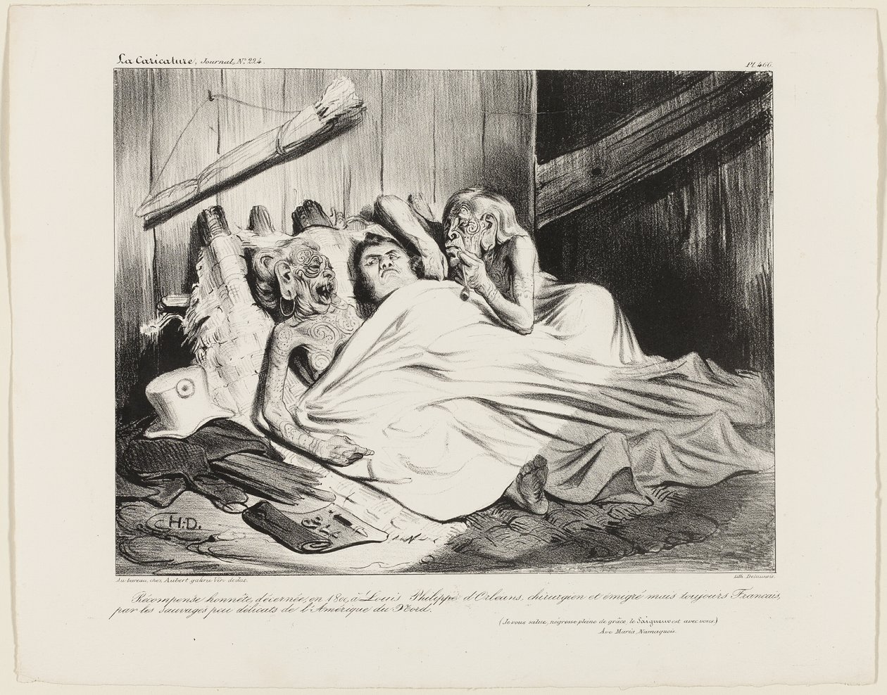 Eine faire Belohnung, 1800 von den unprüdigen Wilden Nordamerikas an Louis-Philippe von Orléans, Chirurg und Expatriierter, aber immer noch Franzose, überreicht. (Ich grüße dich, gnädige schwarze Dame, der Herr ist mit dir.) Ein Namaquan Ave Maria, Platte  von Honoré Victorin Daumier