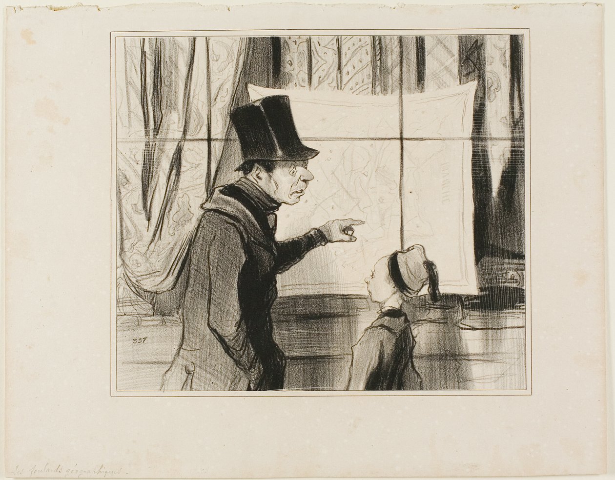 地理スカーフ「いいかい、ドドルフ、これは私が君の教育のためにする最後の犠牲なんだ......それでも君が地理を正しく理解できないなら、それは君が完全に詰んでいるということだ......今度は私が君の鼻を突っ込んであげよう。手始めに、君はただ 作： オノレ・ヴィクトリン・ドーミエ