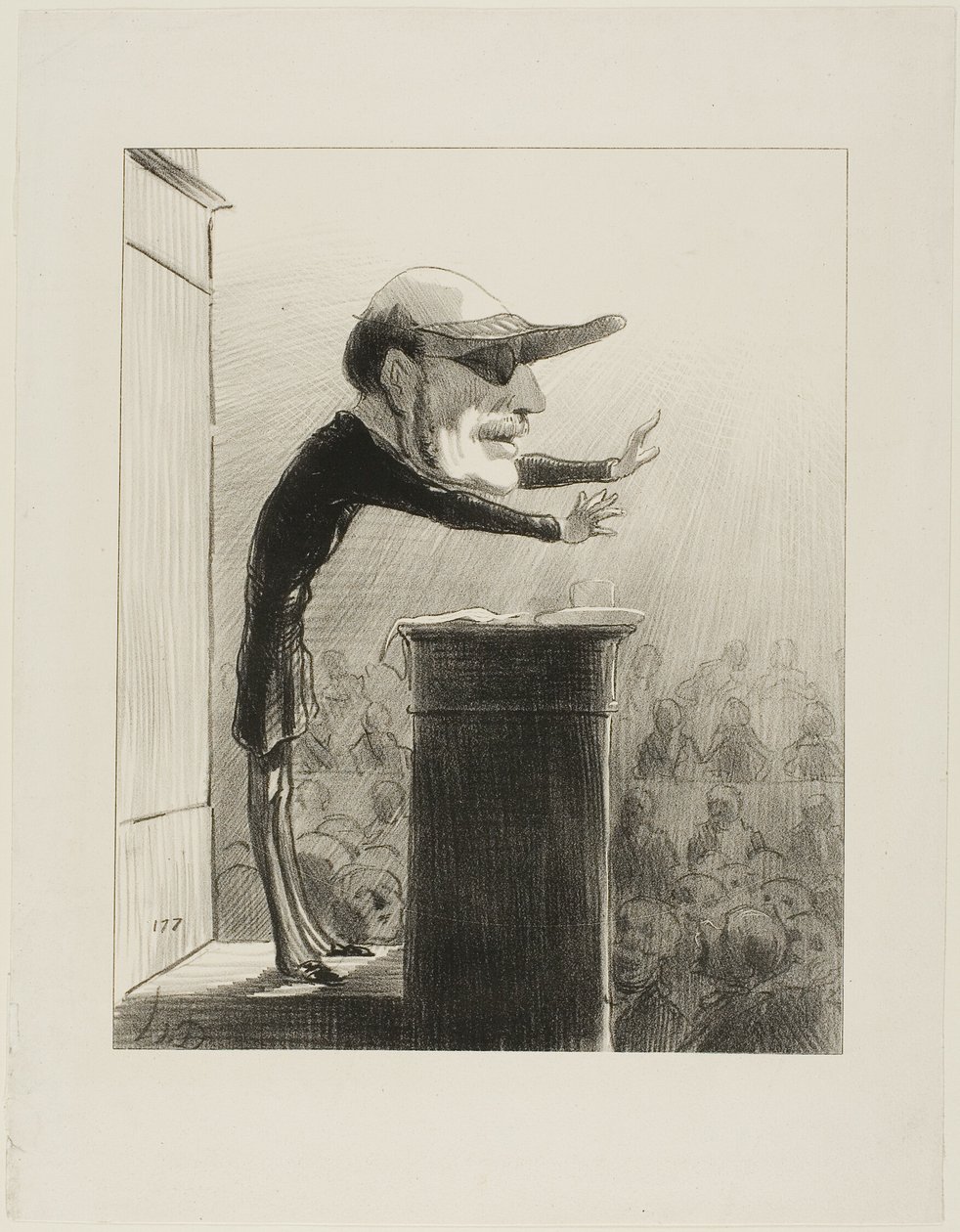 ジュール・ド・L（アルガンランプのラステュイリとしても知られる）。元野党議員、今は光の敵...共和国の太陽の突然の出現によって盲目になったジュール・ド・ラステュリーは、今はコンスティテューショネルのアイシェードをつけている。 作： オノレ・ヴィクトリン・ドーミエ