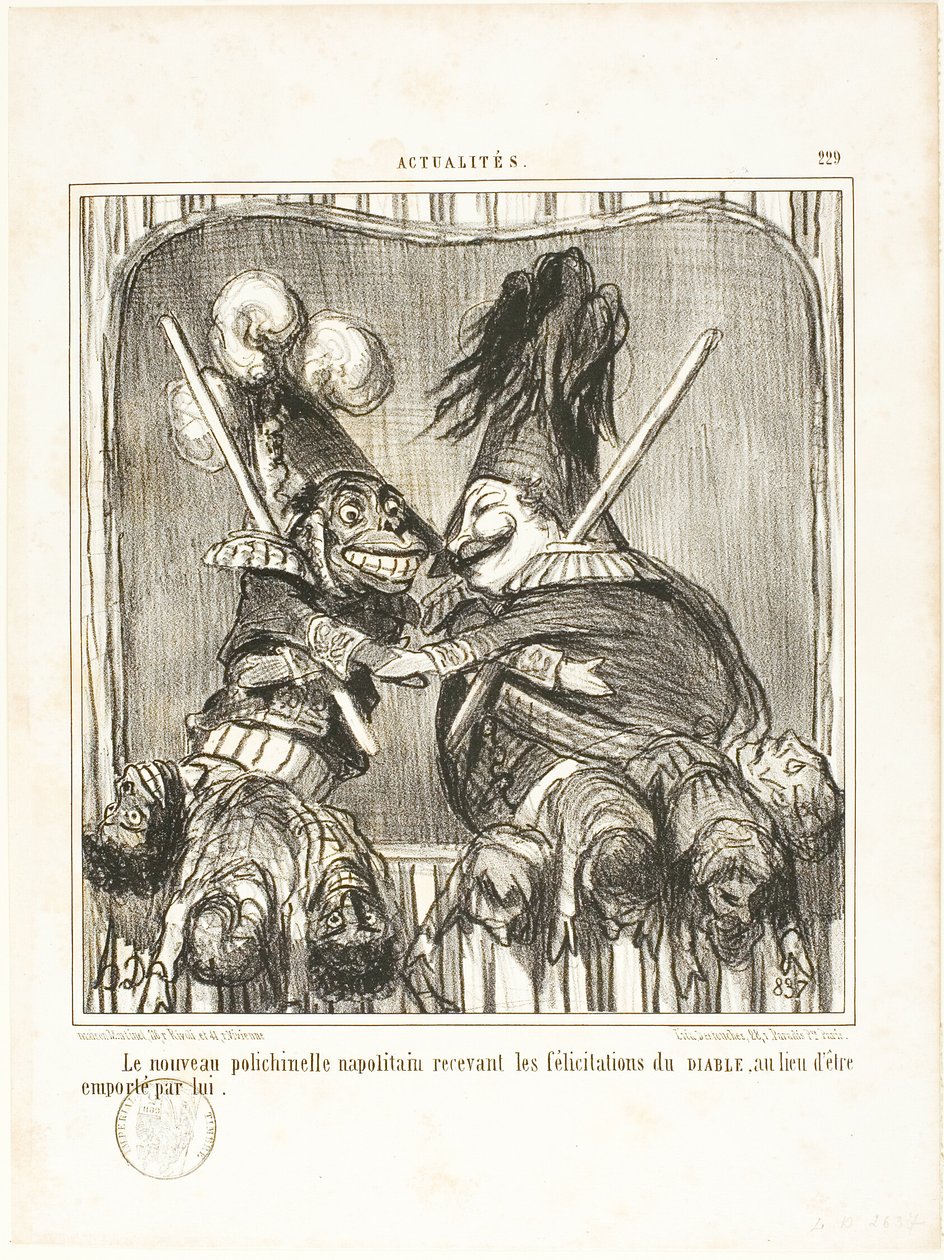 新しいナポリの道化師。悪魔に連れ去られる代わりに、悪魔の祝福を受ける。 作： オノレ・ヴィクトリン・ドーミエ