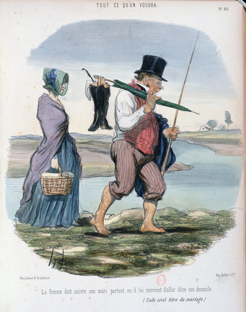 1804年にナポレオンによって公布された、フランス法典の民事における配偶者の権利と義務の第VI章を嘲笑する風刺画 作： オノレ・ドーミエ