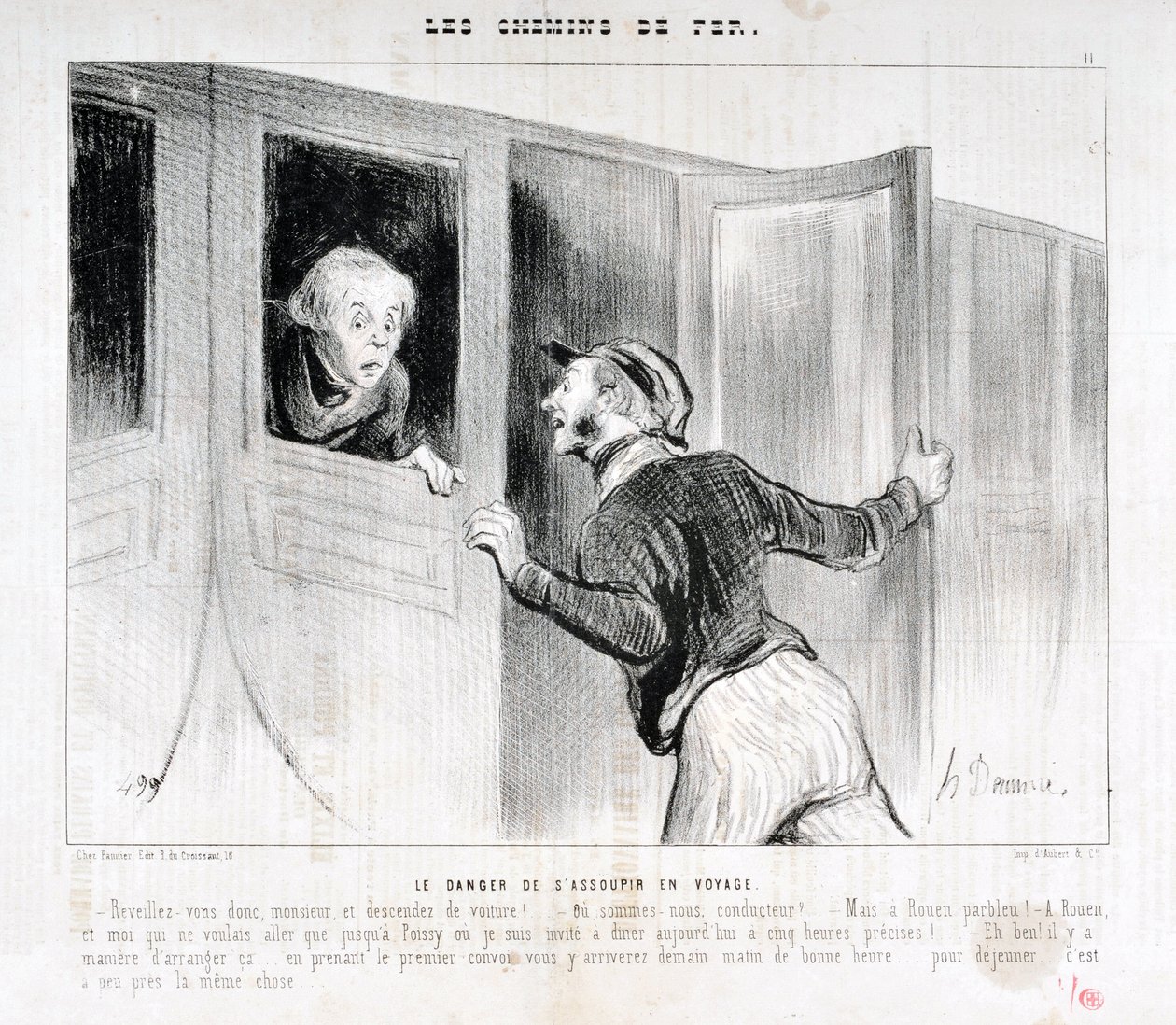 オノレ・ドーミエ（1808-1879）の作品。Charivariは1843年の作品。Serie LES RAILWAYS 旅先での居眠りの危険性「-お客様、目を覚まして車から降りてください。- どこを走っているんだ？- でも、ルーアンのパーブル!- ルーアンで、ポワスに行きたかっただけの私が 作： オノレ・ドーミエ
