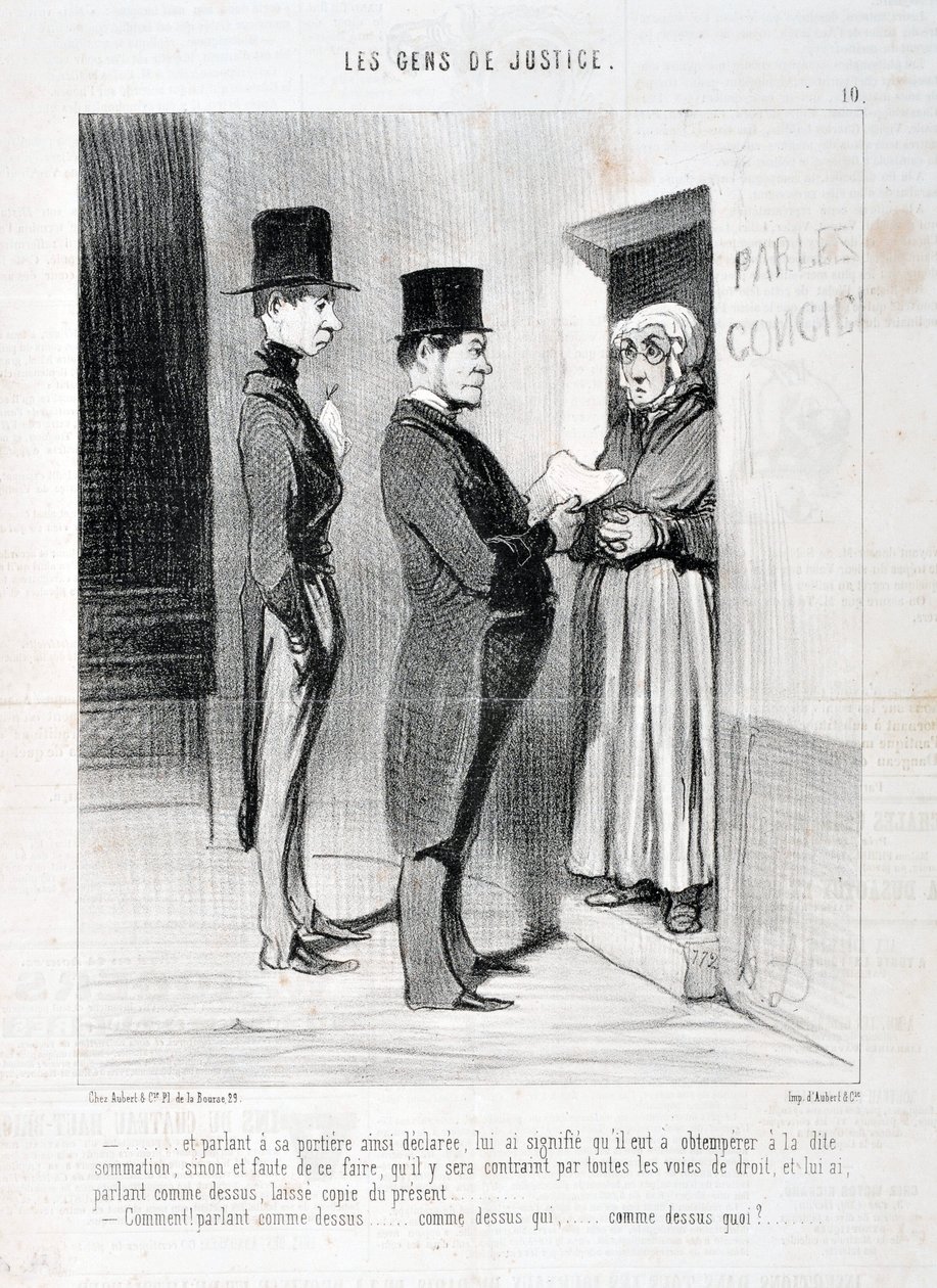 オノレ・ドーミエ（1808-1879）の作品。Charivariは1845年の作品。Serie LES PEANS DE JUSTICE 「...そして、彼の戸口でそう宣言して話すことは、彼にとって、前記の要約に従わなければならず、そうしなければ、彼は強制されることを意味している。 作： オノレ・ドーミエ