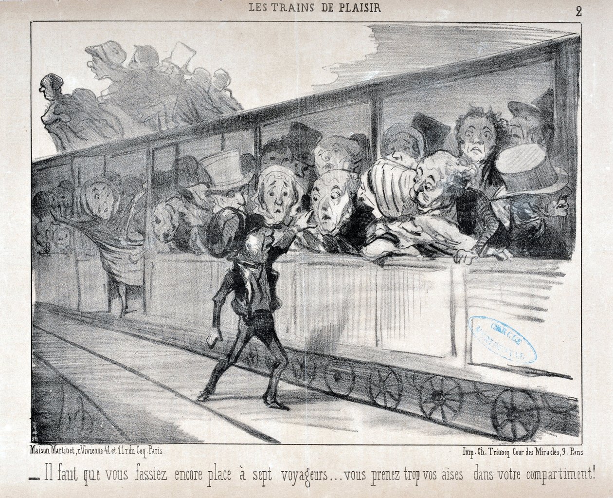 オノレ・ドーミエ（1808-1879）の作品。Charivariは1852年のもの。Serie LES TRAINS DE PLEASURE - 7人の乗客のために部屋を作らなければなりません...あなたは自分のコンパートメントで快適すぎます!マルセイユのロンシャン宮殿にある美術博物館 作： オノレ・ドーミエ