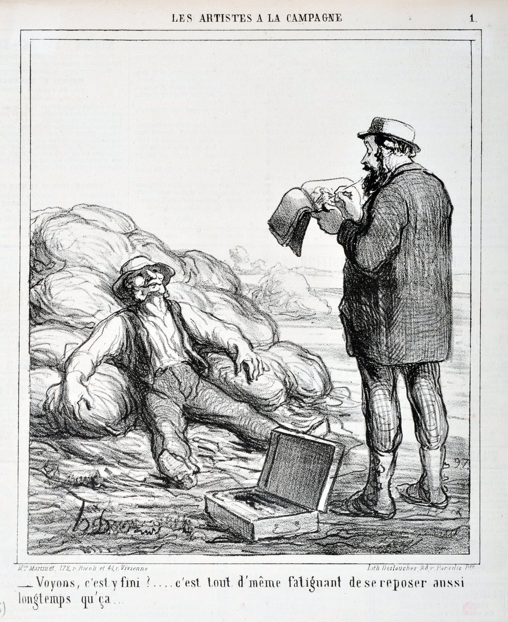 オノレ・ドーミエ（1808-1879）の作品。Charivariは1865年の作品。Serie LES ARTISTS IN THE CAMPAGNE 「-えーと、終わったかな？このまま休んでいても疲れるだけだ..."マルセイユ、ロンシャン宮殿の美術館 作： オノレ・ドーミエ