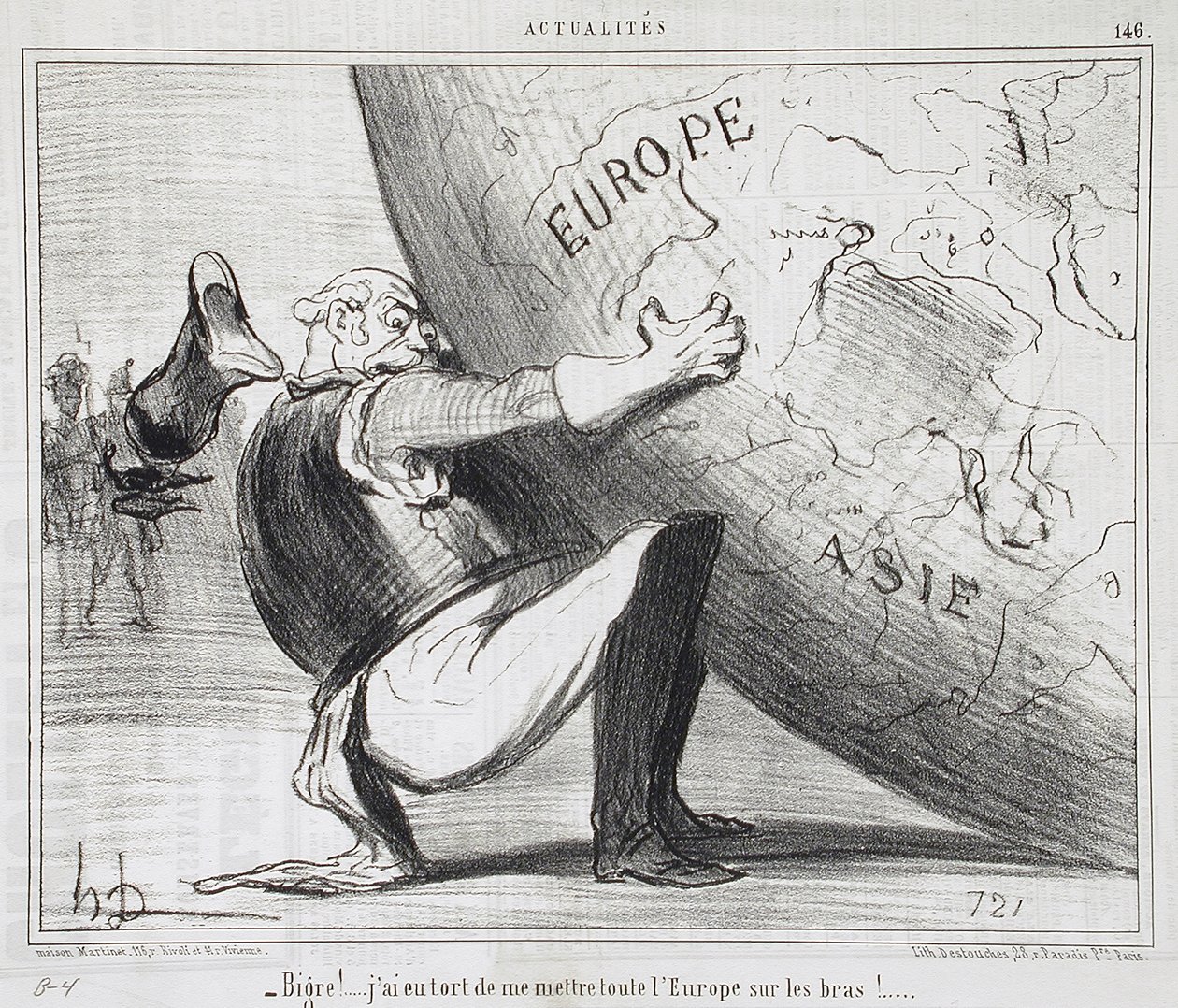 ちくしょう！... ヨーロッパ全体を腕に抱え込むなんて、間違いだった！ 作： オノレ・ドーミエ