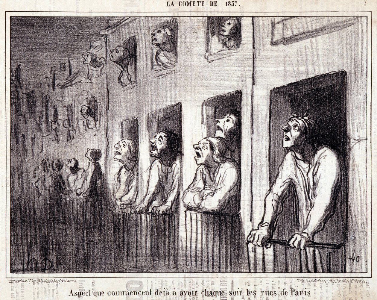 科学に関する漫画。セリーシュール「la Comete de 1857」。"すでに毎晩パリの街を持つようになったアスペクト」。Honore DAUMIER（1808-1879）の版画。新聞 "Le Charivari "からの抜粋。ディム38x25cm。Inv D - box 7 Marseille, 作： オノレ・ドーミエ