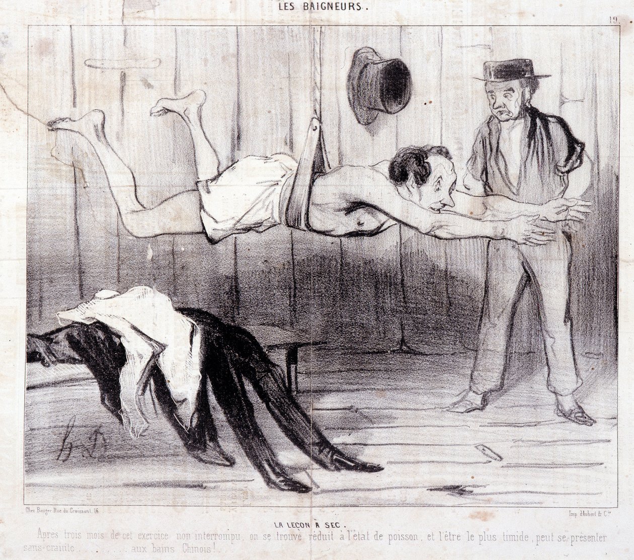 休暇中の観光客を描いた漫画。シリーズ「Les Baigneurs」。"La lecon a dry".シリーズ "Les Baigneurs":"La lecon a dry".Honore DAUMIER（1808-1879）による版画。新聞 "Le Charivari "からの抜粋。ディム25x36cm ボックス12 マルセイユ、ミュゼ 作： オノレ・ドーミエ