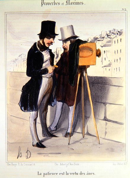 ダゲロタイプ写真の撮影時間の長さを揶揄する漫画 1840年頃（カラーリトグラフ） 作： オノレ・ドーミエ