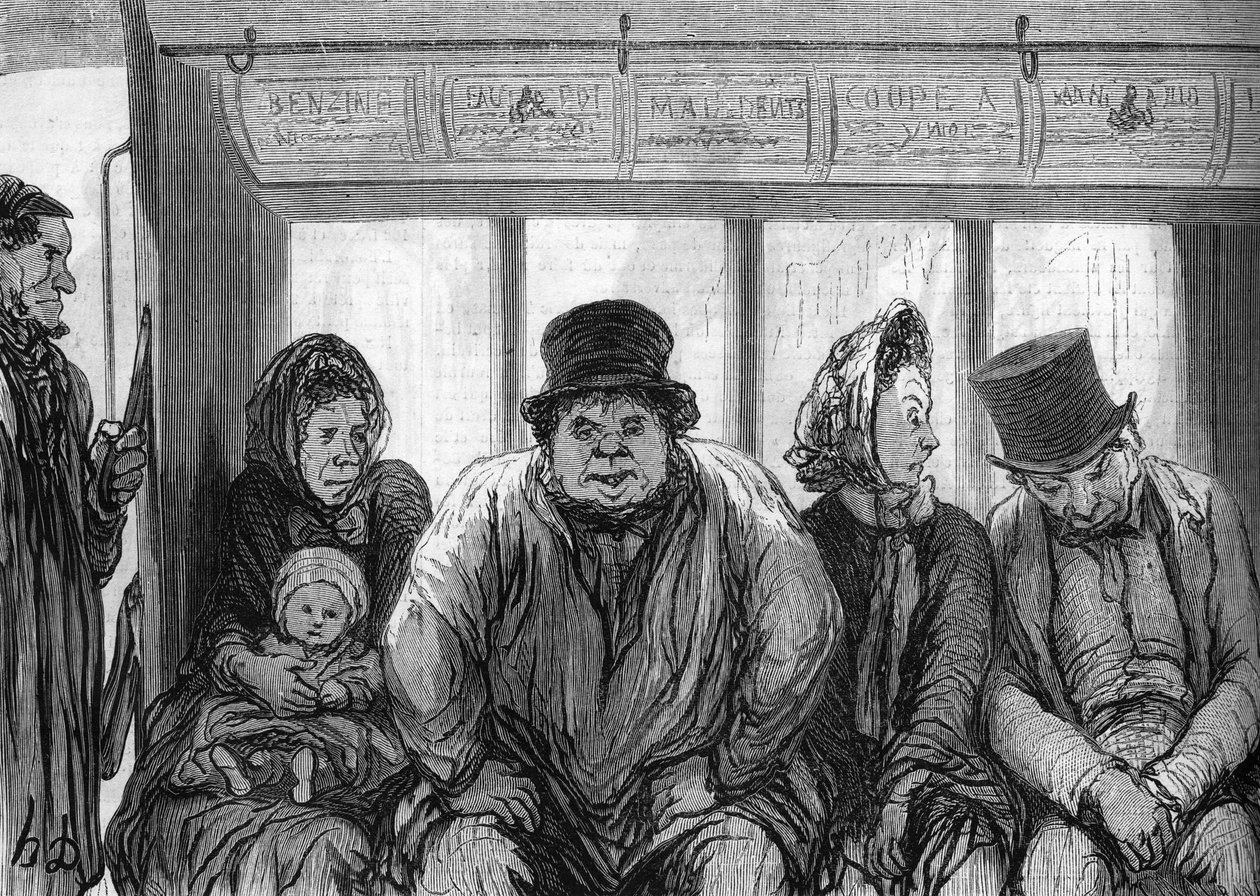 オムニバスの内部。オノレ・ドーミエ（1808-1879）によるドローイング。 作： オノレ・ドーミエ