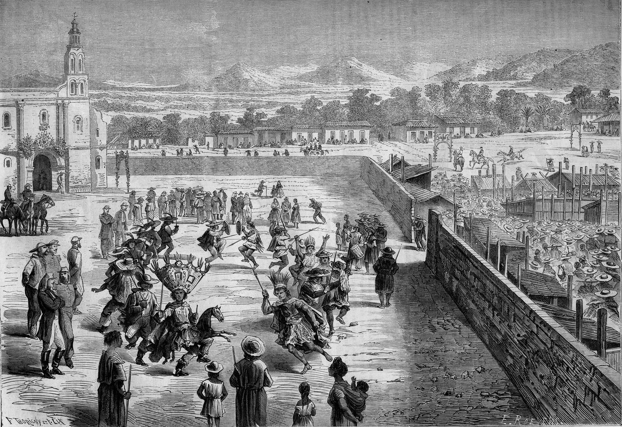 Mexikanischer Brauch: Indianerfest und Tanz in Santa Anna (Mexiko) zur Erinnerung an die Eroberung durch Fernando Cortez. Die Mexikaner waren als spanische Konquistadoren und Soldaten der aztekischen Armee von Montezuma verkleidet. 1863. Gravur in „Le Mond von Honoré Daumier