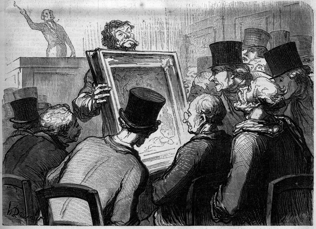ホテル・ブイヨンの絵画愛好家たち。オノレ・ドーミエ（1808-1879）の漫画。1月25日付 "Le Monde Illustré" n°250に掲載されたエングレーヴィング。 作： オノレ・ドーミエ