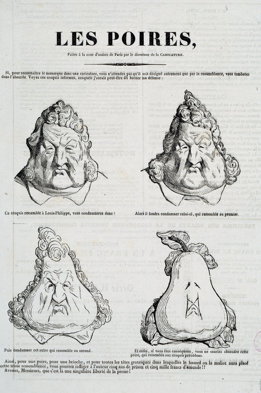 洋梨。ルイ・フィリップの顔が梨で変容する様子を表現した風刺画。シャルル・フィリポン（1806-1862）の「風刺画」の原画をもとにオノレ・ドーミエ（1808-1879）が描いたもので、1832年1月、パリ、カルナヴァレ美術館蔵 作： オノレ・ドーミエ