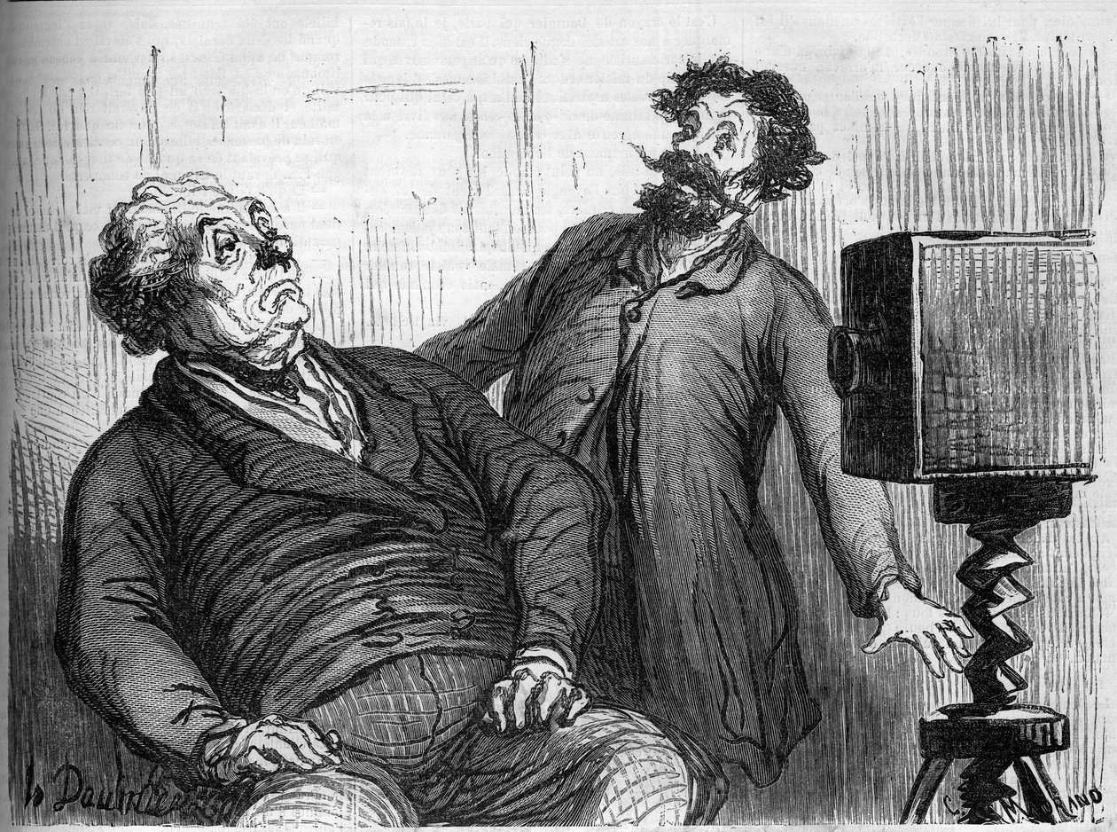 写真家と写真。オノレ・ドーミエ（1808-1879）の漫画。1862年3月29日付「Le Monde Illustré」n¡259に掲載されたエングレーヴィング。 作： オノレ・ドーミエ