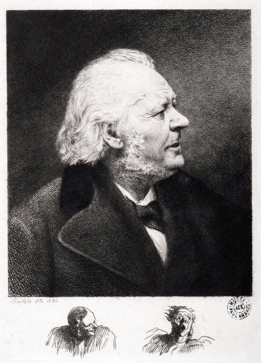フランスの彫刻家・画家・彫刻家であるオノレ・ドーミエ（1808-1879）の肖像。ソン・ブーラードのエングレーヴィング 作： オノレ・ドーミエ
