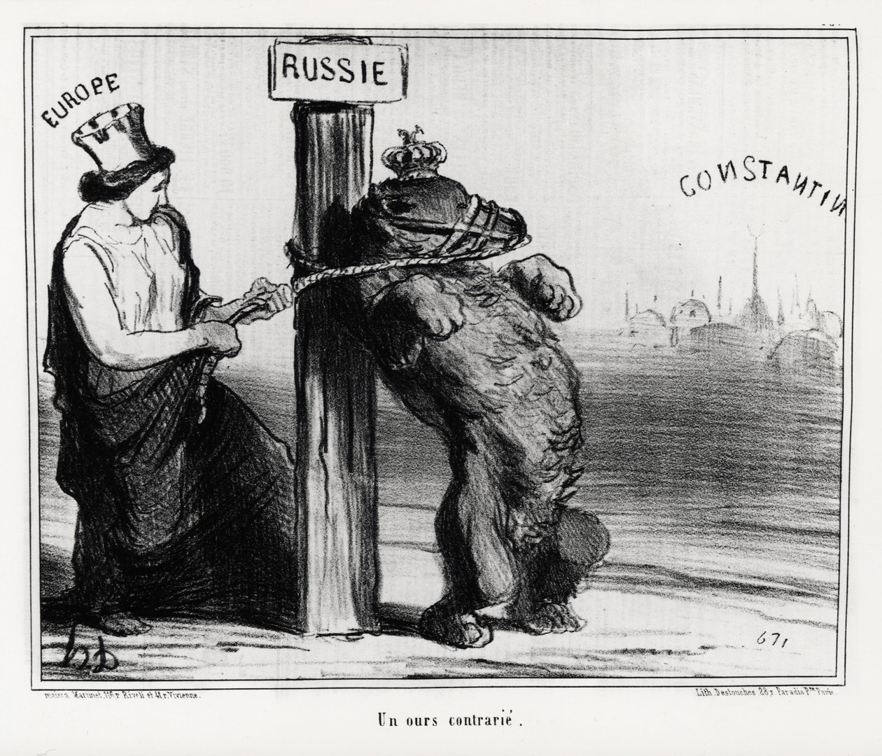 ロシア：（ヨーロッパに）動揺させられた熊。1854年3月、フランスとイギリスはトルコと同盟を結び、ロシアに対抗した オノレ・ドーミエ（1808-1879）のイラスト（ニュース "Charivari "に掲載）。 作： オノレ・ドーミエ