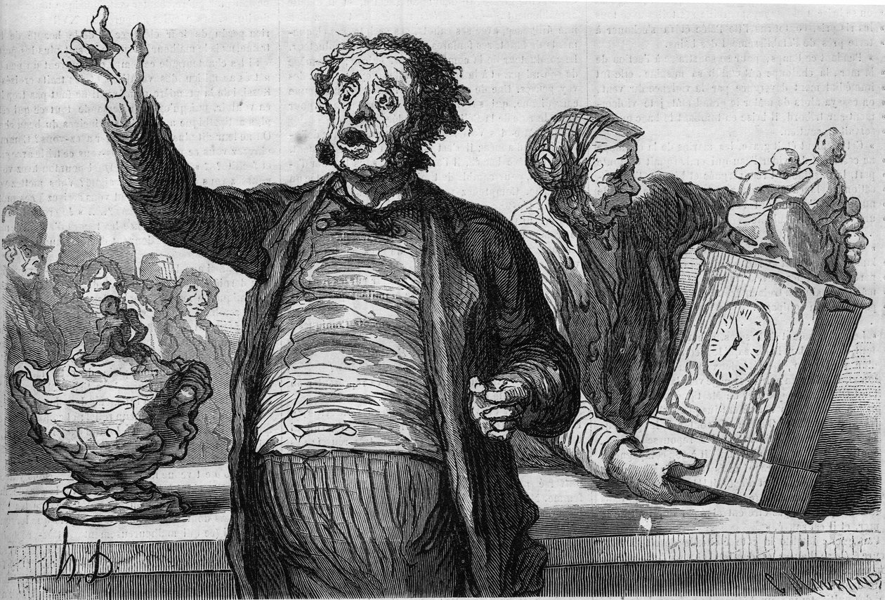 競売人のホテル：パブリック・クリエ。オノレ・ドーミエ（1808-1879）の漫画。1月2日付「Le Monde Illustré」第551号に掲載された版画 作： オノレ・ドーミエ
