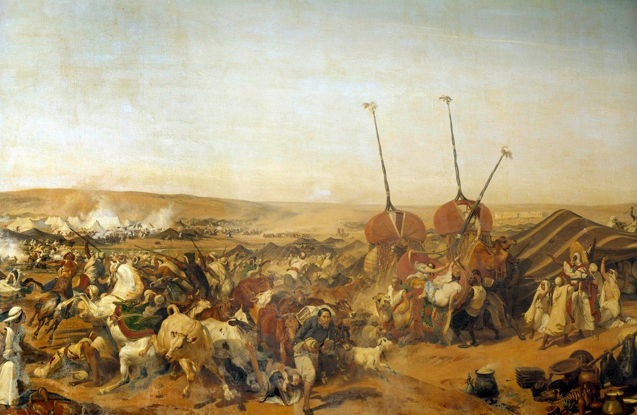アルジェリアのコンケーテ（1830年～1847年）。"TaguinのAumale公爵によるAbd el Kader (Abd-el-Kader or ibn Muhyi al-Din al-Hasani) (1807-1883)のSmalah (Smala)の捕獲 作： エミール・ジャン・オレス・ヴェルネ